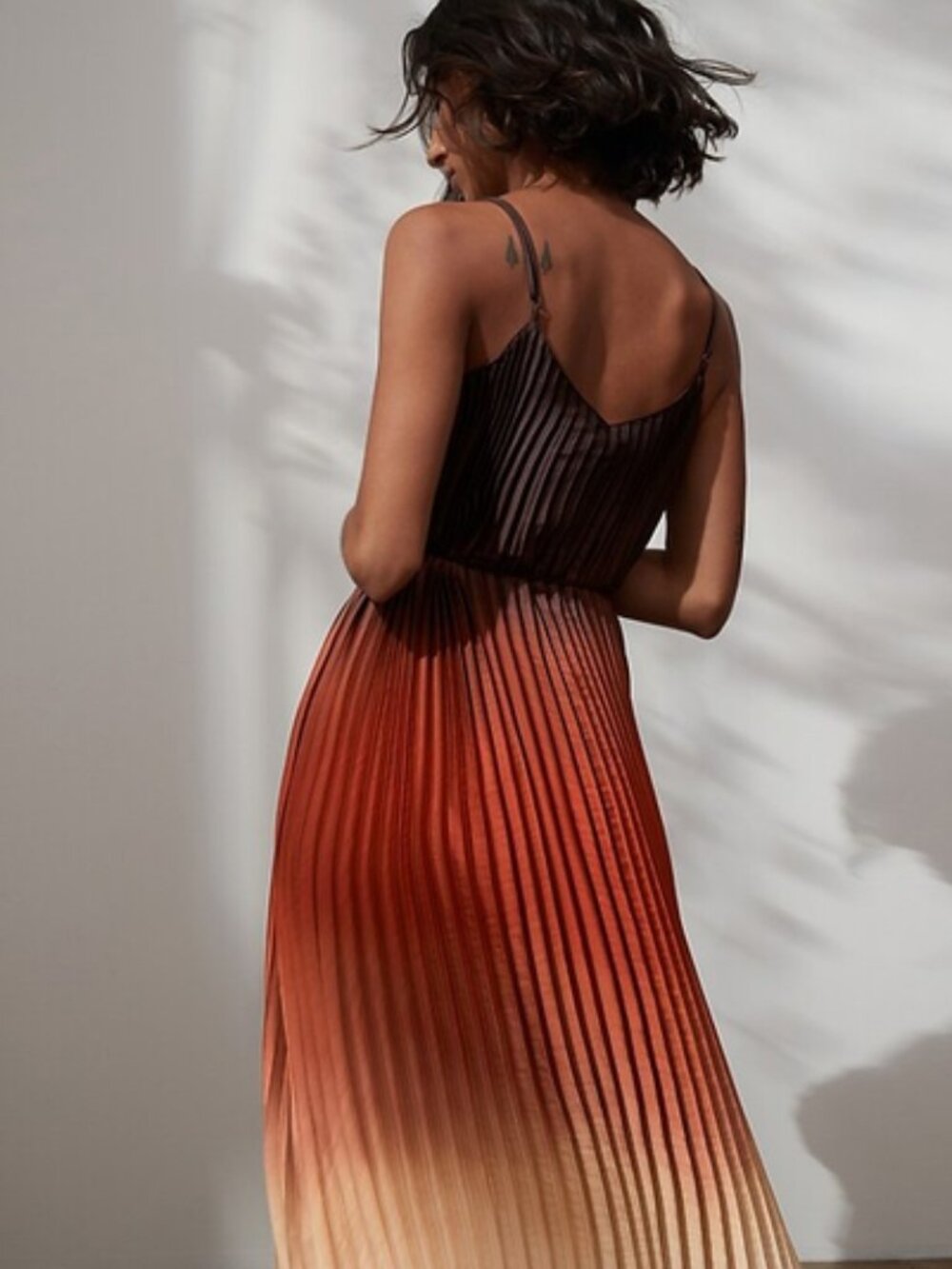 Banana Republic Sunset Ombré Pleated Maxi Dress Brown Cream